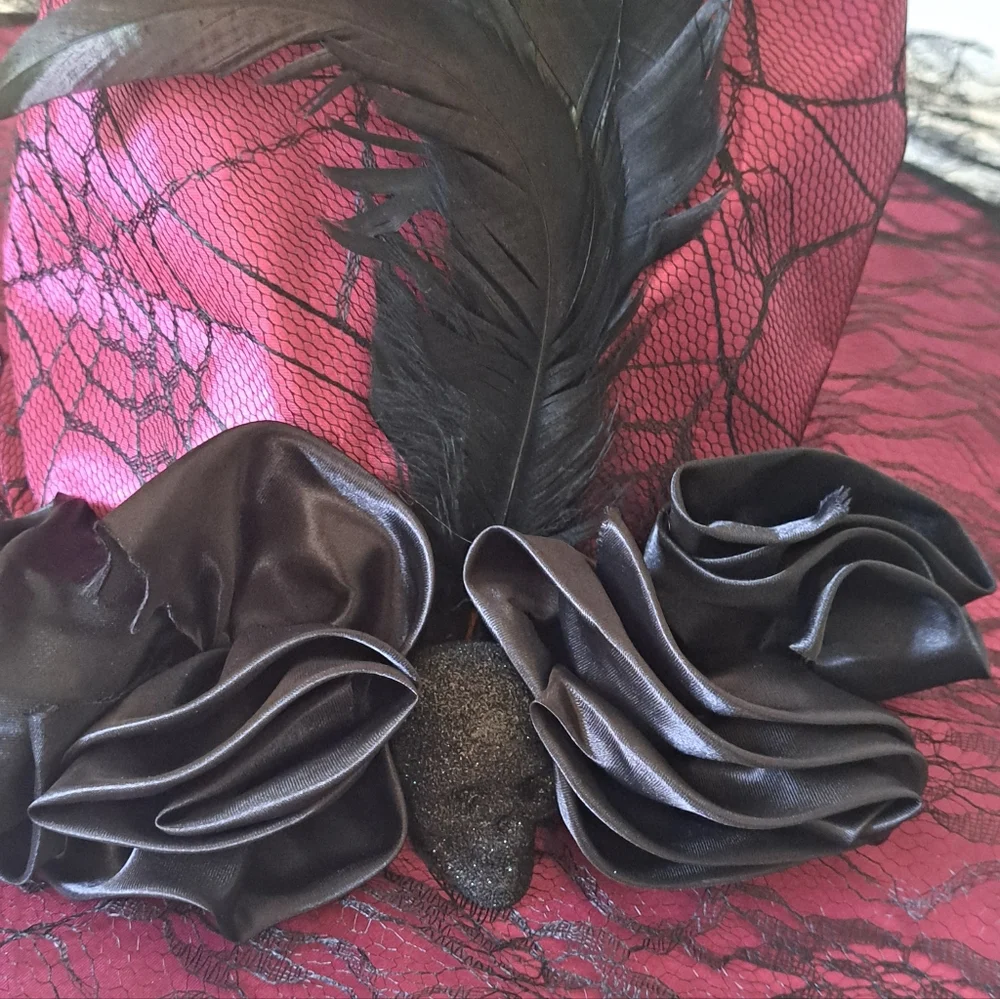 New Witch Hat Wide Brim Feathers Skull Veil Cap One Size Costume Burgundy Black
